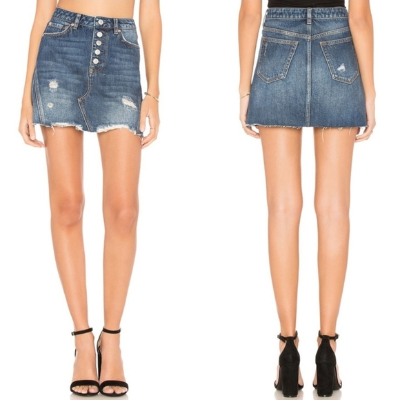 We The Free Harvey Distressed Medium Wash High Waist A-line Denim Mini Skirt 27 - Picture 11 of 11